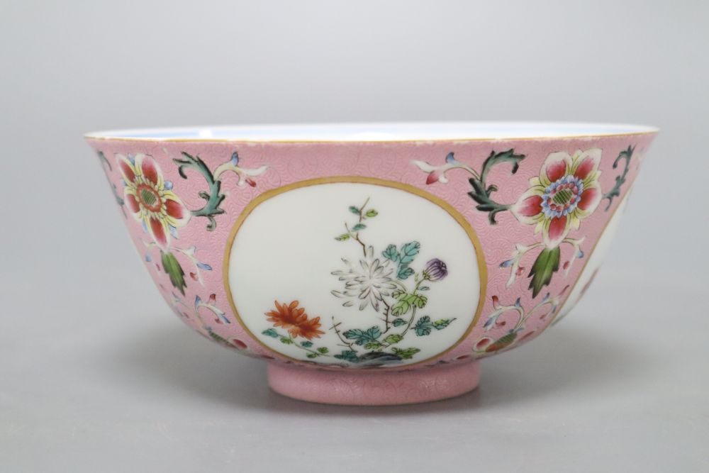 A Chinese pink ground medallion bowl, Qianlong mark but later, diameter 15cm